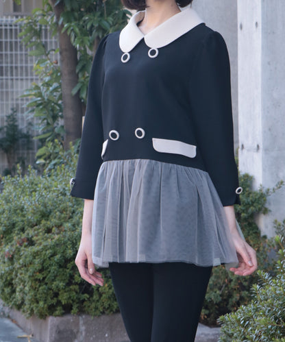 button tulle round collar tunic