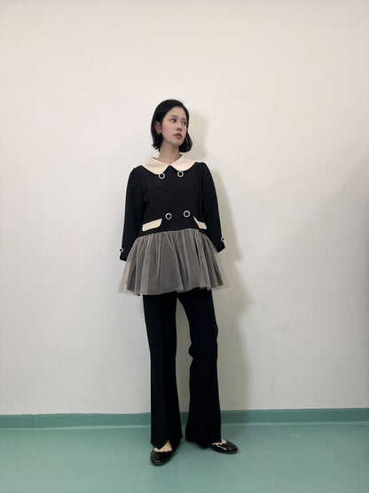 button tulle round collar tunic