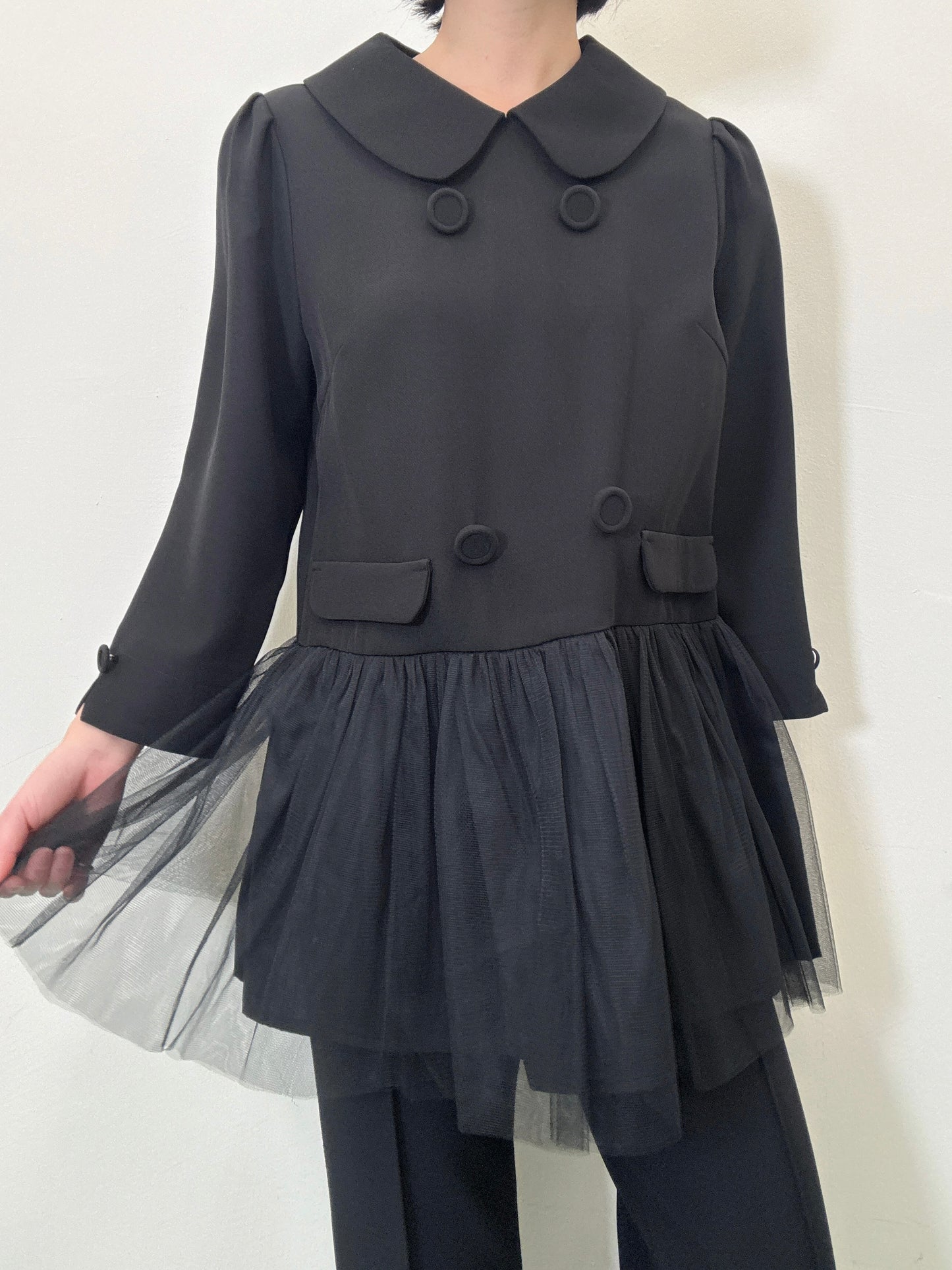 button tulle round collar tunic