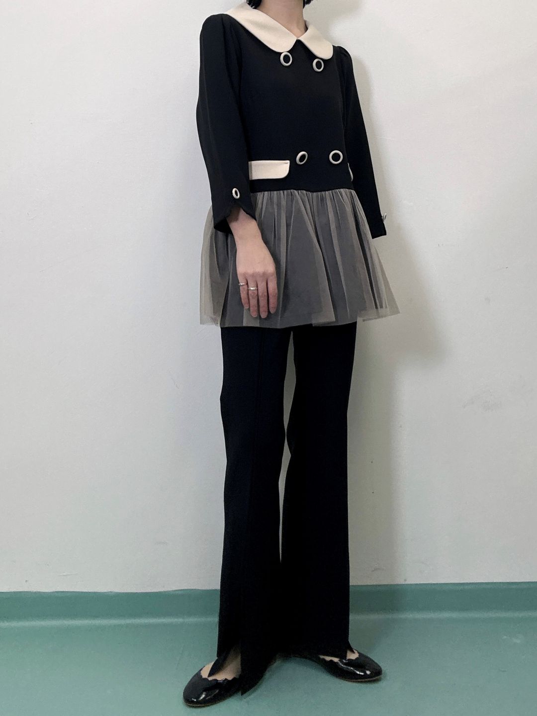 button tulle round collar tunic
