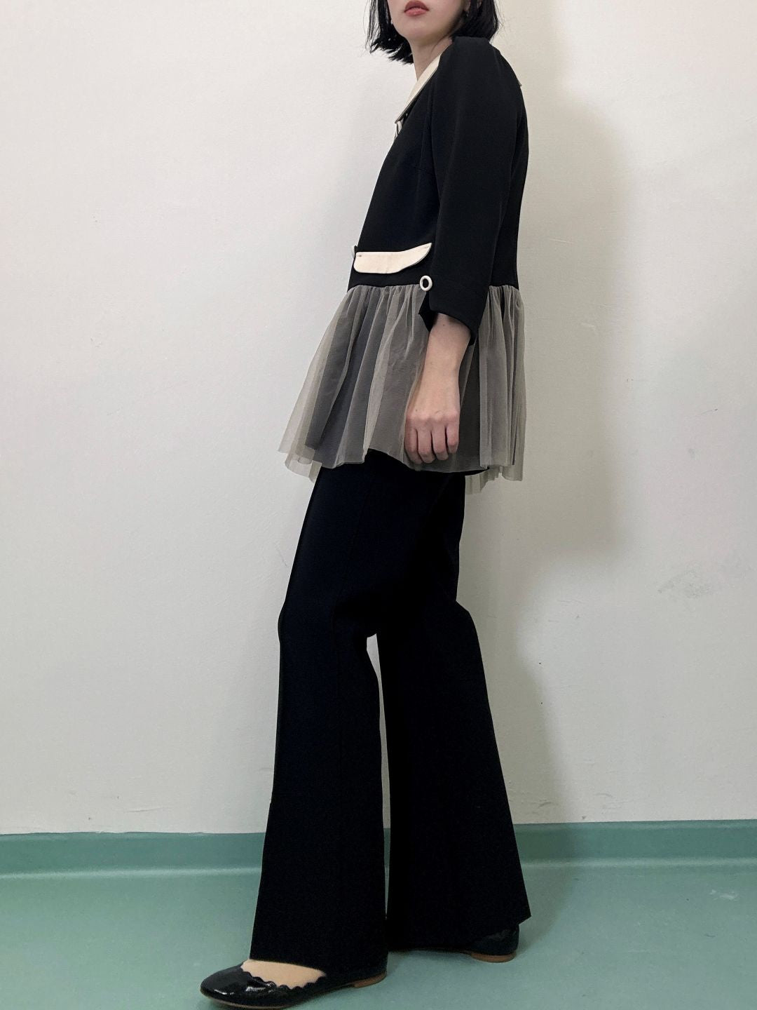 button tulle round collar tunic