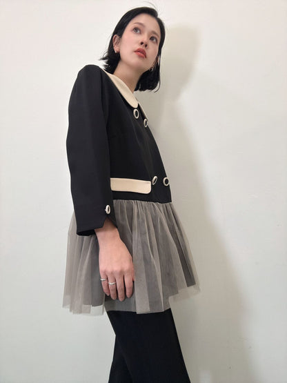 button tulle round collar tunic