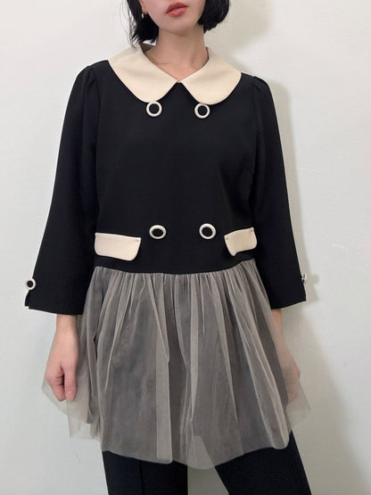 button tulle round collar tunic
