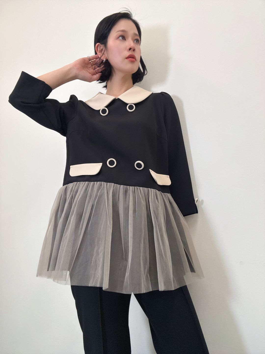 button tulle round collar tunic