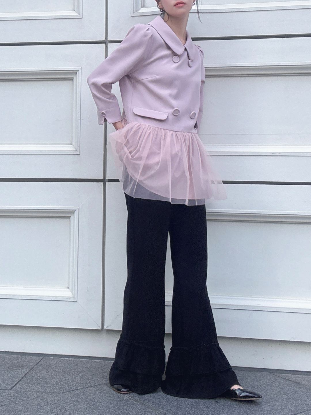 button tulle round collar tunic