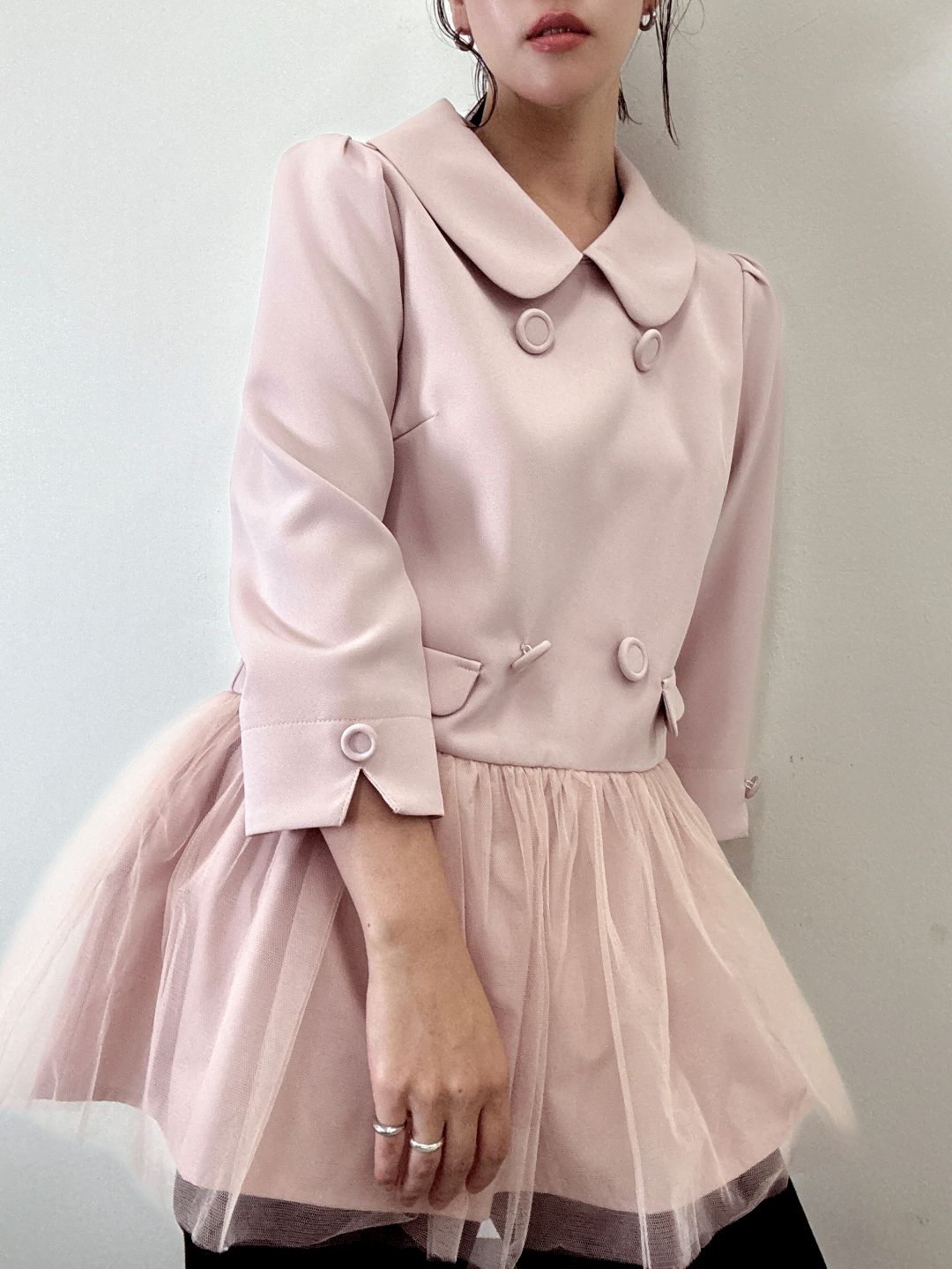 button tulle round collar tunic
