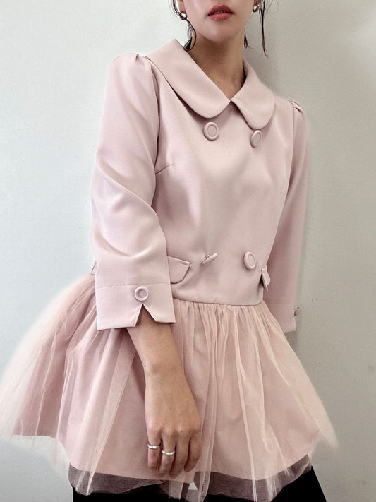 button tulle round collar tunic