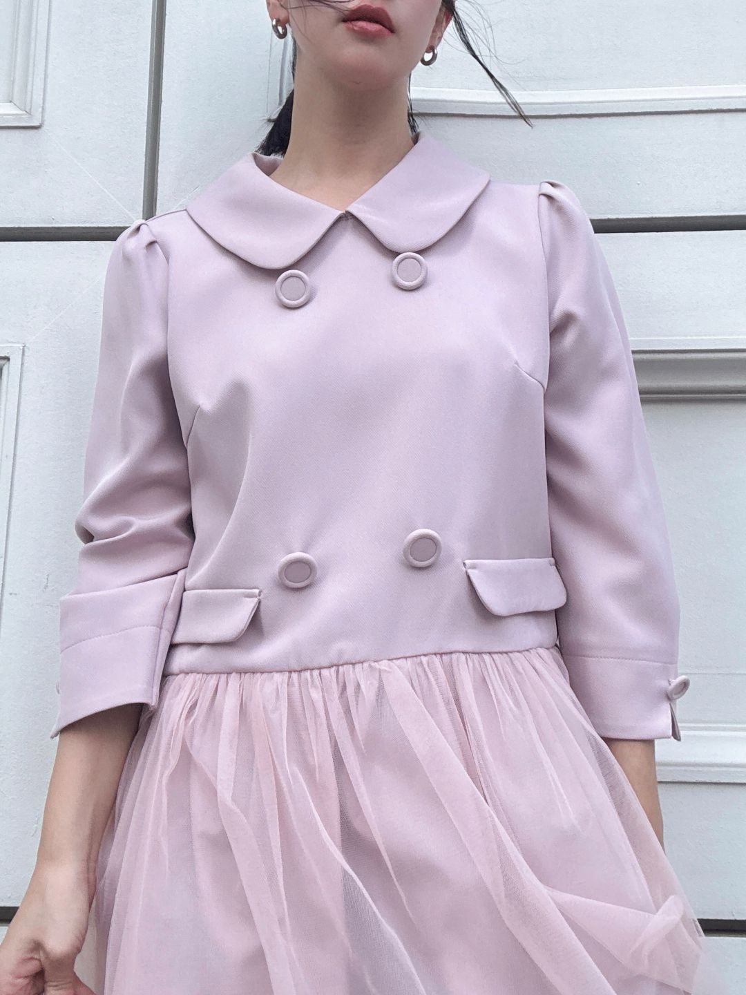button tulle round collar tunic