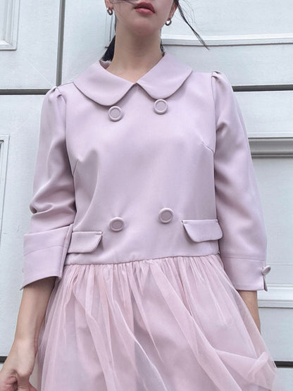 button tulle round collar tunic