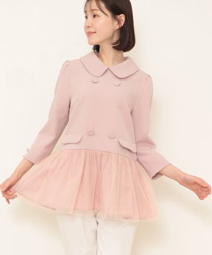 button tulle round collar tunic