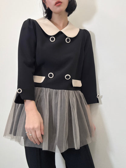 button tulle round collar tunic
