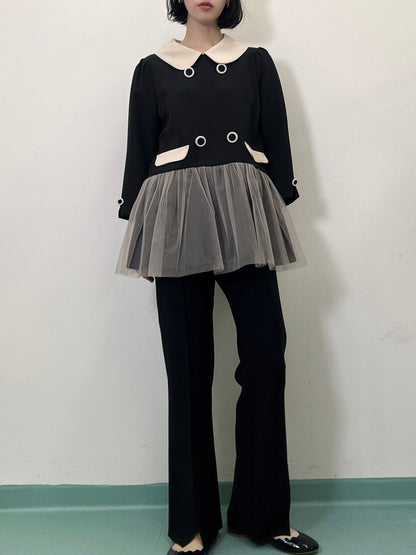 button tulle round collar tunic