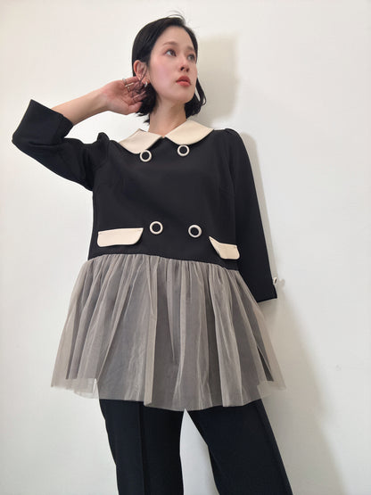 button tulle round collar tunic