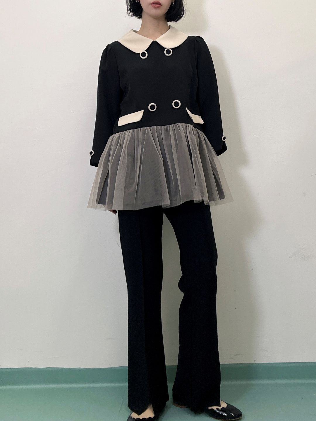 button tulle round collar tunic