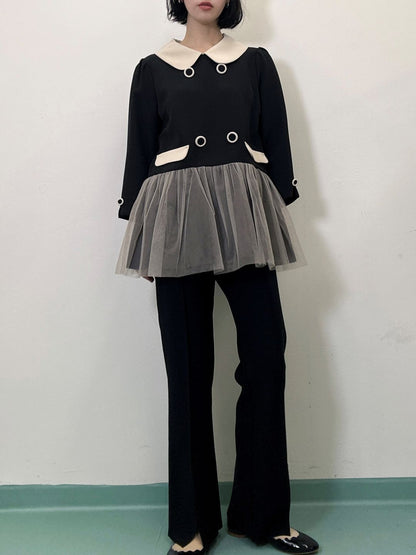button tulle round collar tunic