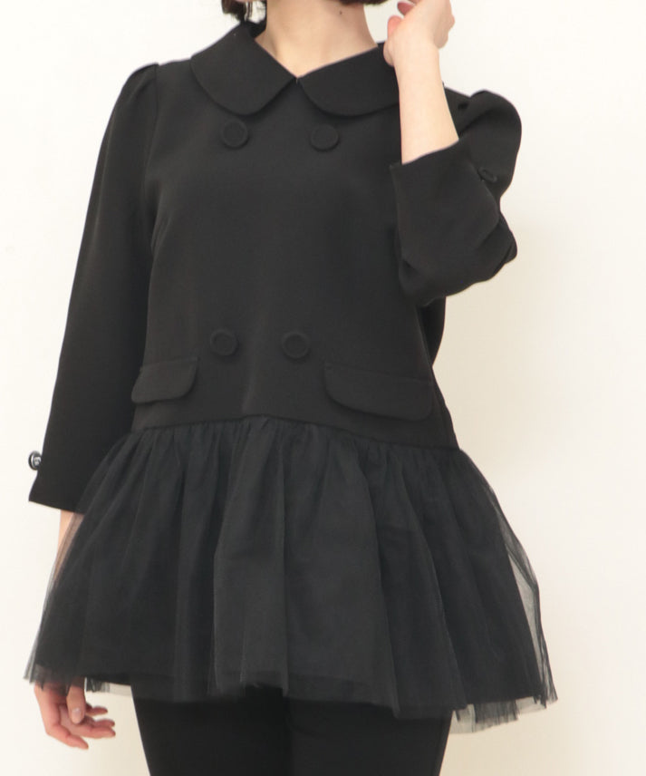 button tulle round collar tunic