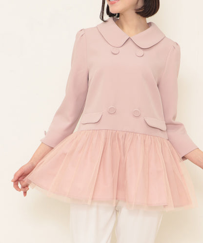 button tulle round collar tunic