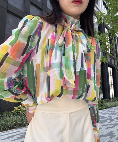 colorful paint bow tie blouse