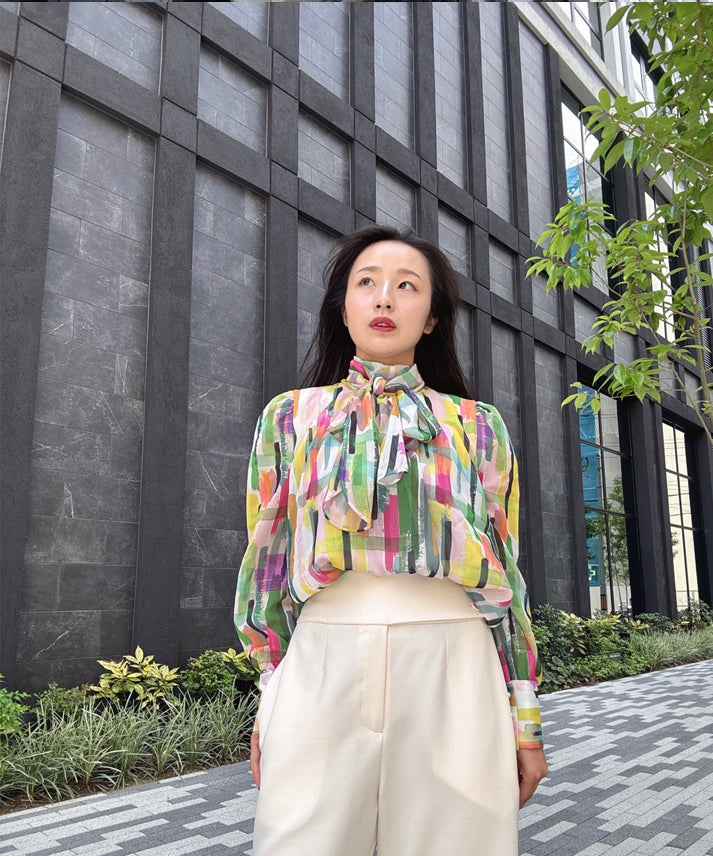 colorful paint bow tie blouse