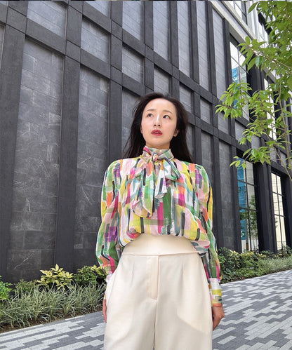 colorful paint bow tie blouse