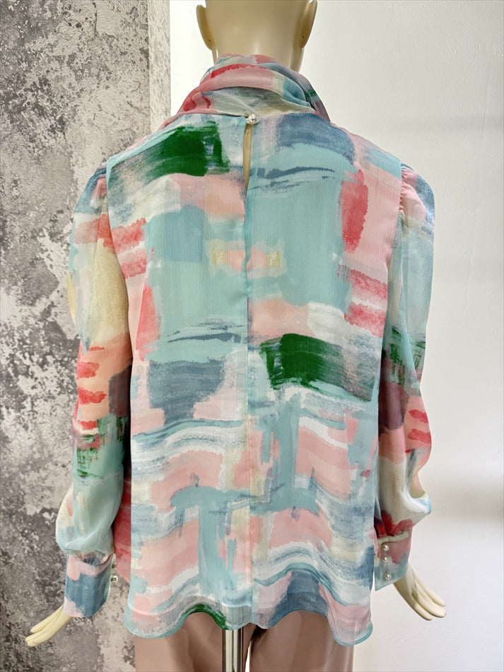 watercolor painting print bow tie blouse