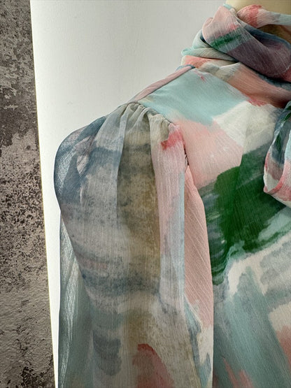 watercolor painting print bow tie blouse