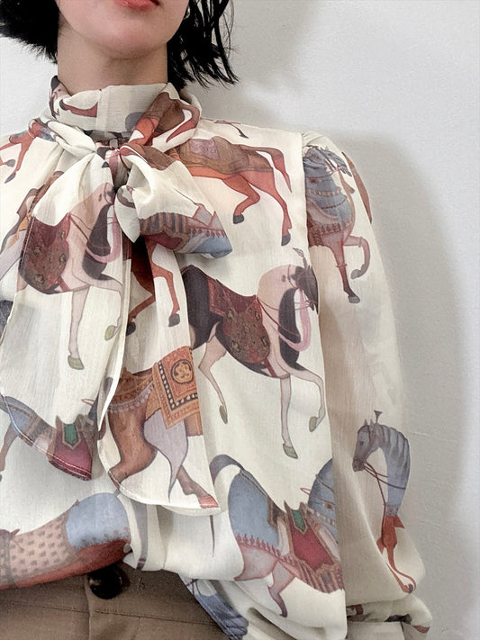 horse pattern bow tie blouse