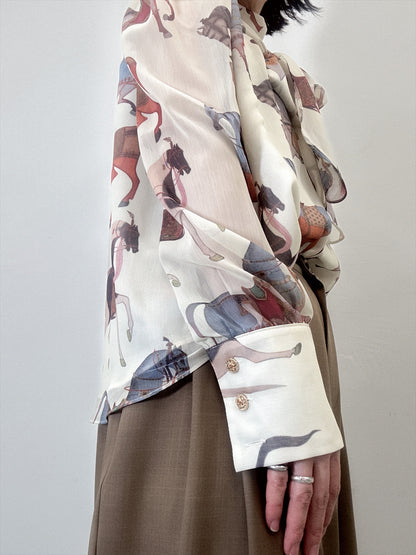 horse pattern bow tie blouse