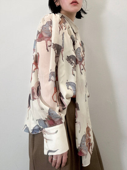 horse pattern bow tie blouse