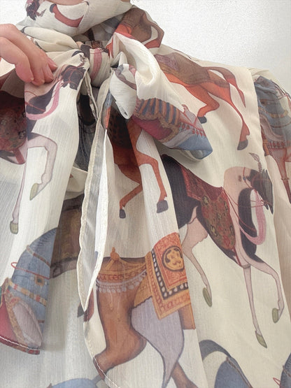 horse pattern bow tie blouse