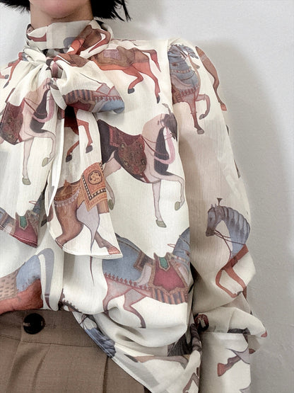 horse pattern bow tie blouse
