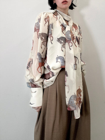 horse pattern bow tie blouse