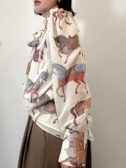 horse pattern bow tie blouse