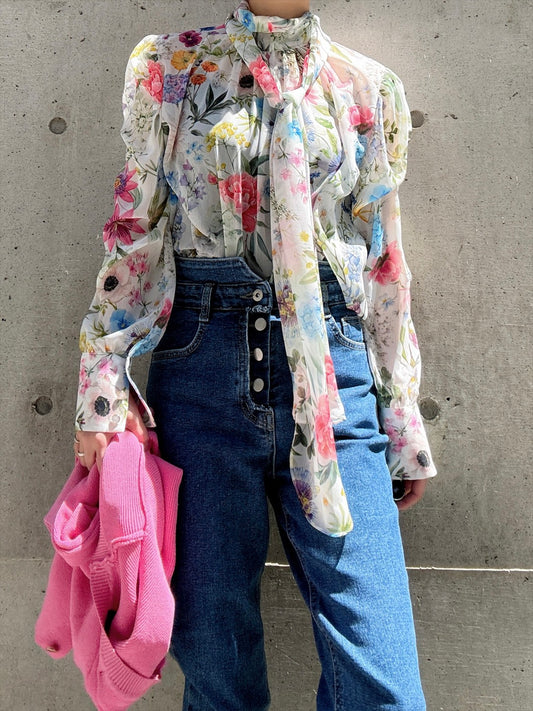floral print bow tie blouse
