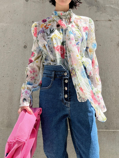 floral print bow tie blouse