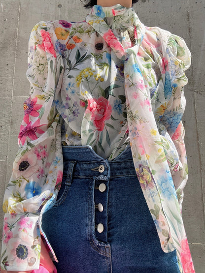 floral print bow tie blouse