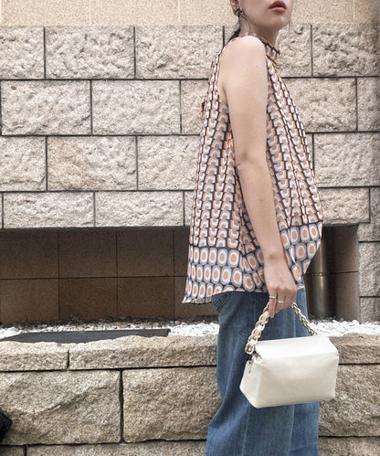 retro print pattern sleeveless bow tie blouse