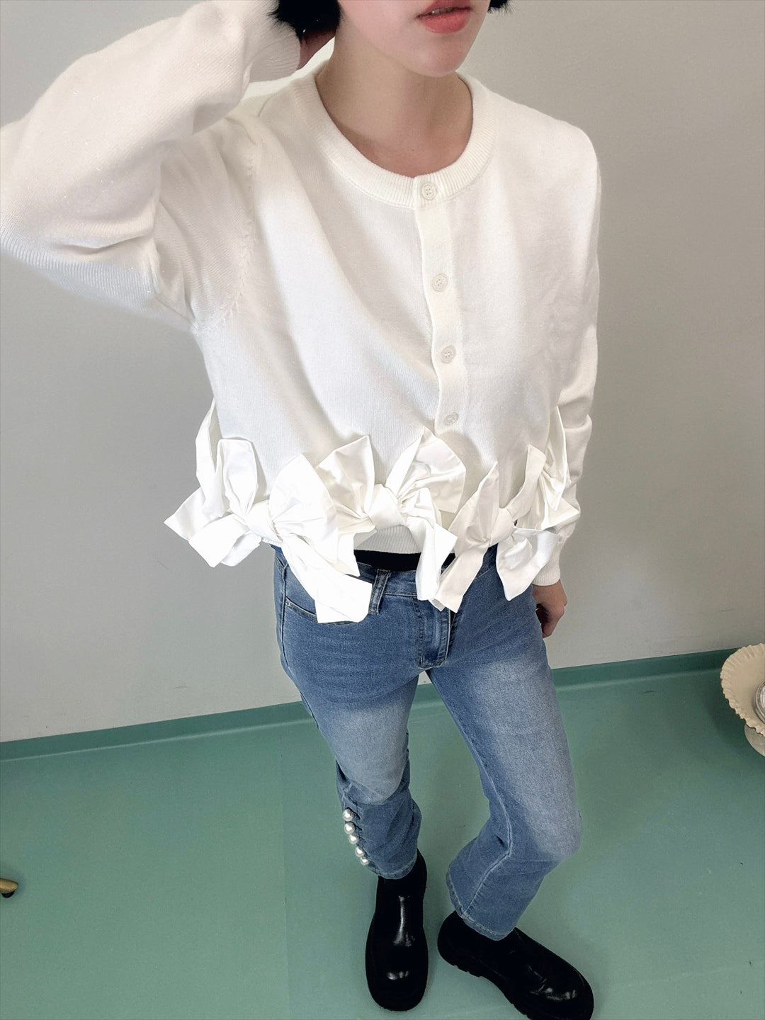 hem ribbon lame cardigan