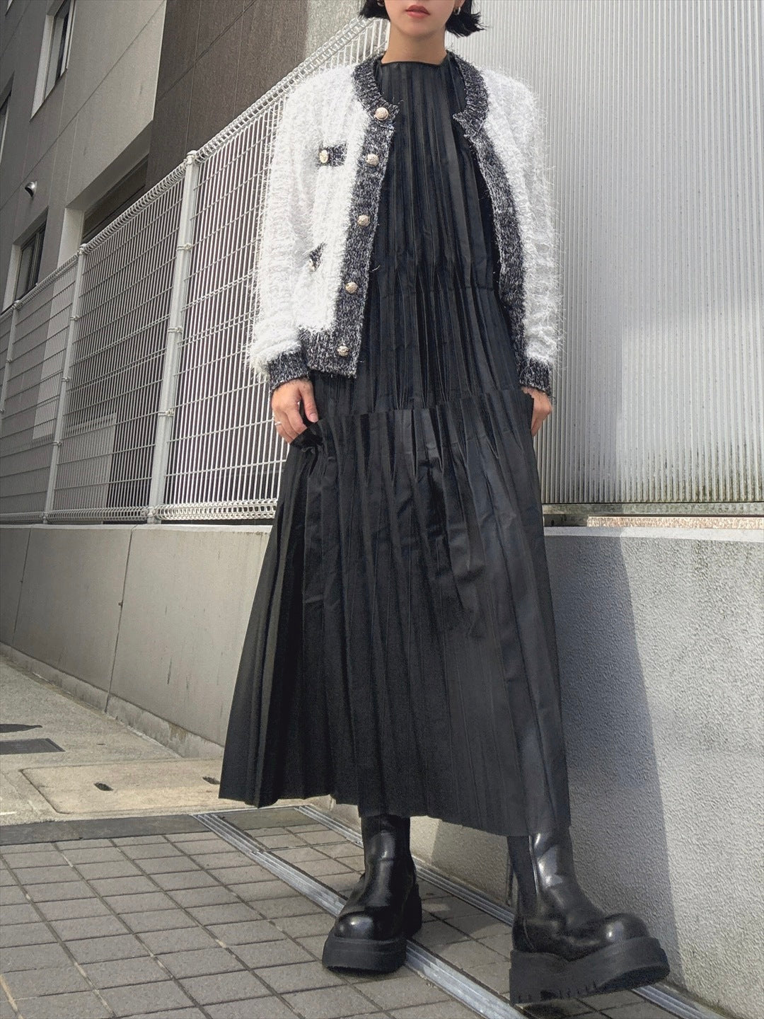 synthetic leather pleats one piece