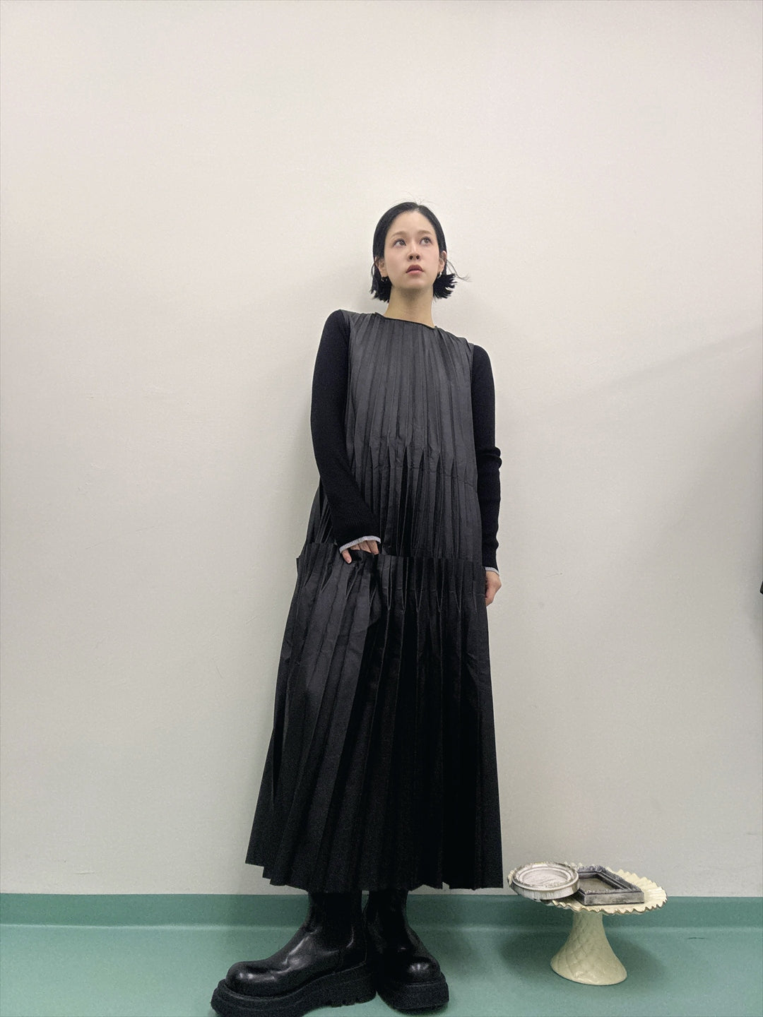 synthetic leather pleats one piece