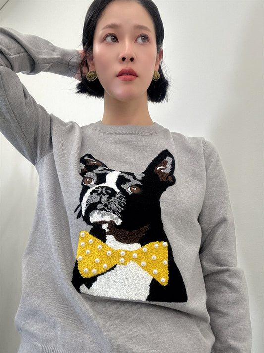 french bulldog bow tie embroidered knit