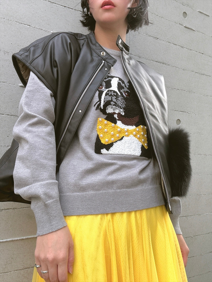 french bulldog bow tie embroidered knit