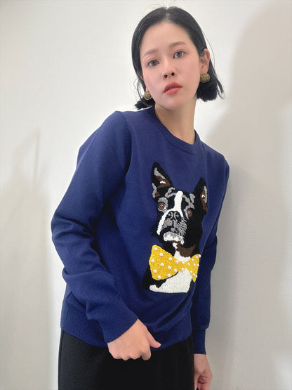 french bulldog bow tie embroidered knit