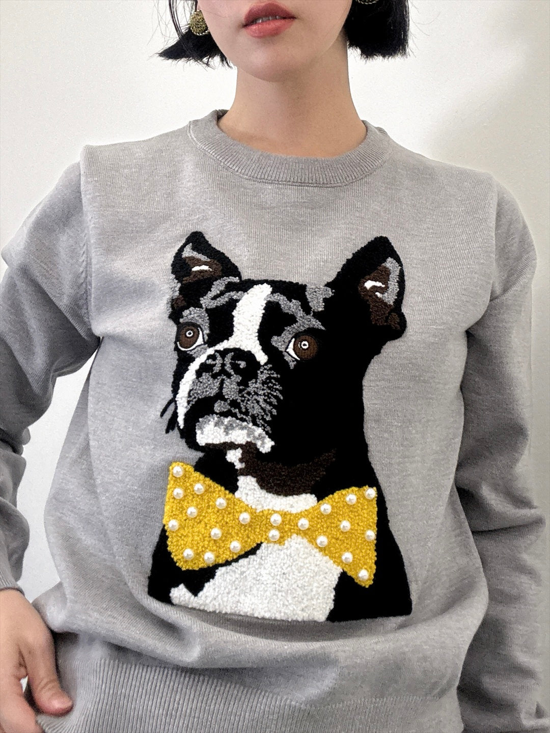 french bulldog bow tie embroidered knit