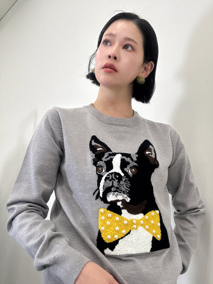 french bulldog bow tie embroidered knit