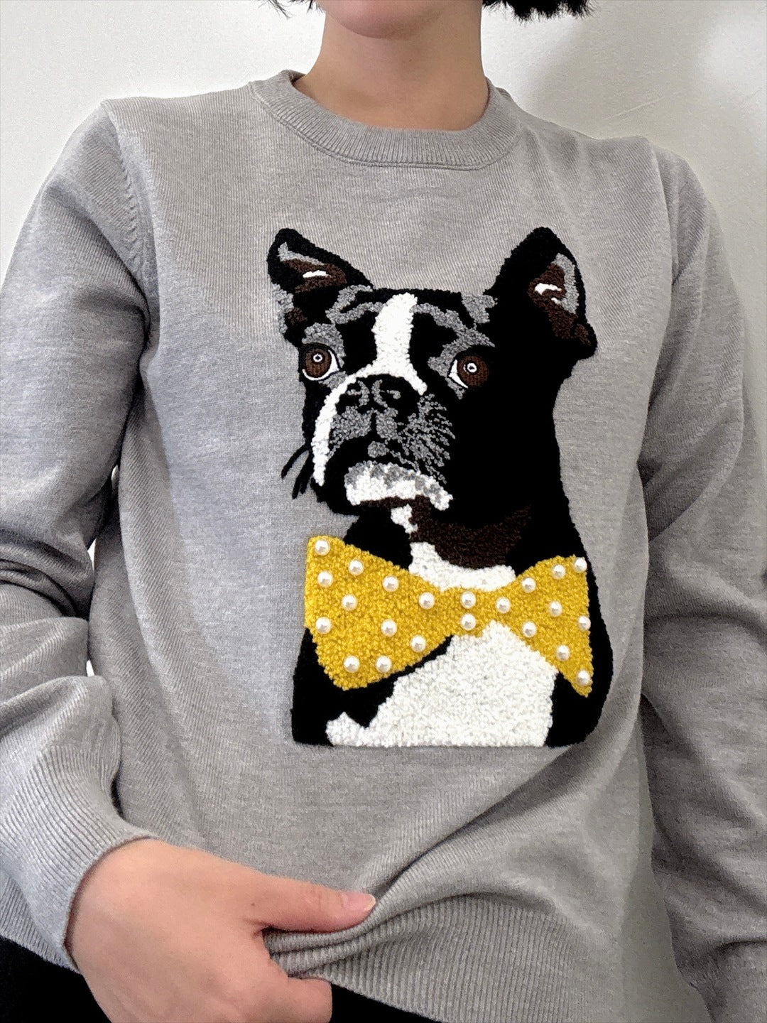 french bulldog bow tie embroidered knit