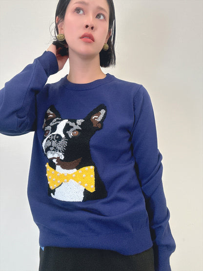 french bulldog bow tie embroidered knit
