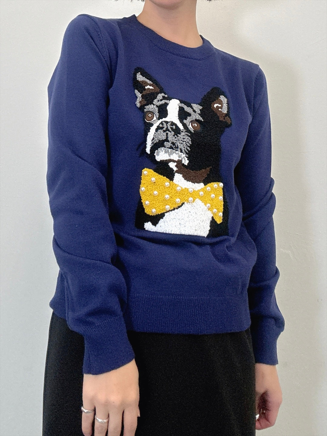 french bulldog bow tie embroidered knit
