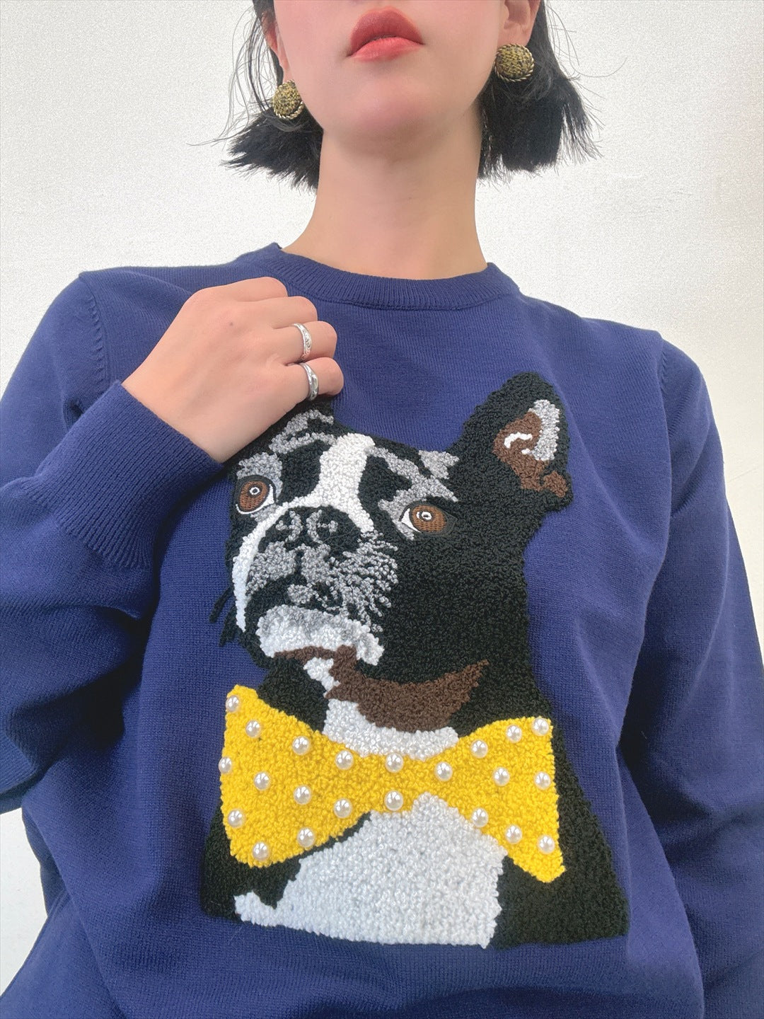 french bulldog bow tie embroidered knit