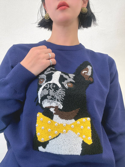 french bulldog bow tie embroidered knit